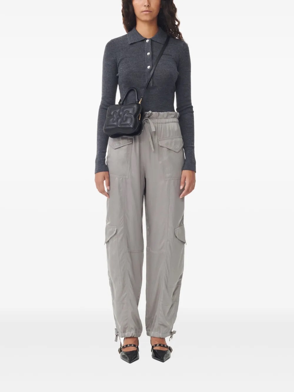Ganni Frost Gray Cargo Satin Jogger Pants - F8609